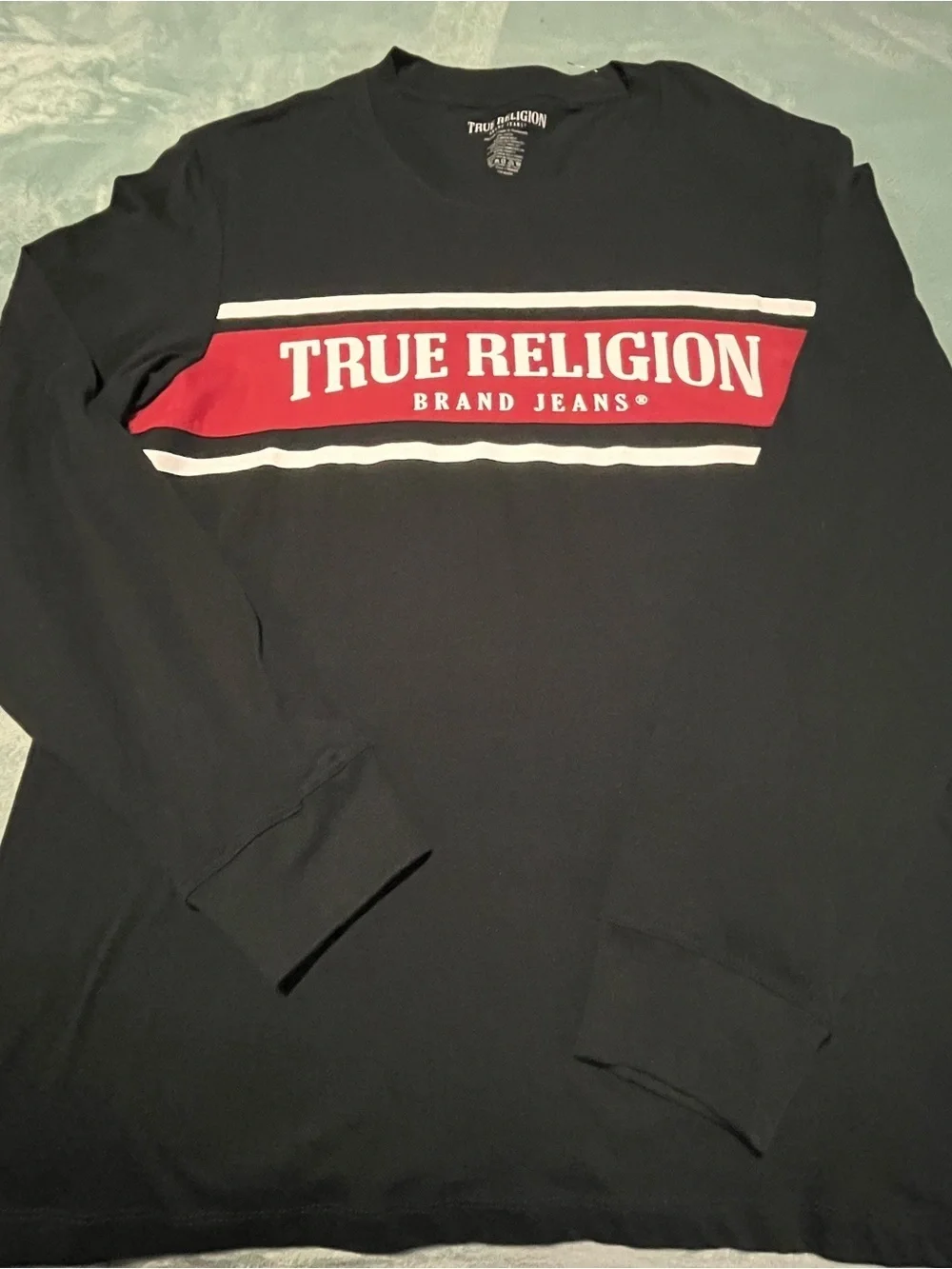 True Religion Black Long Sleeve Shirt with Red Chest Panel and White Logo